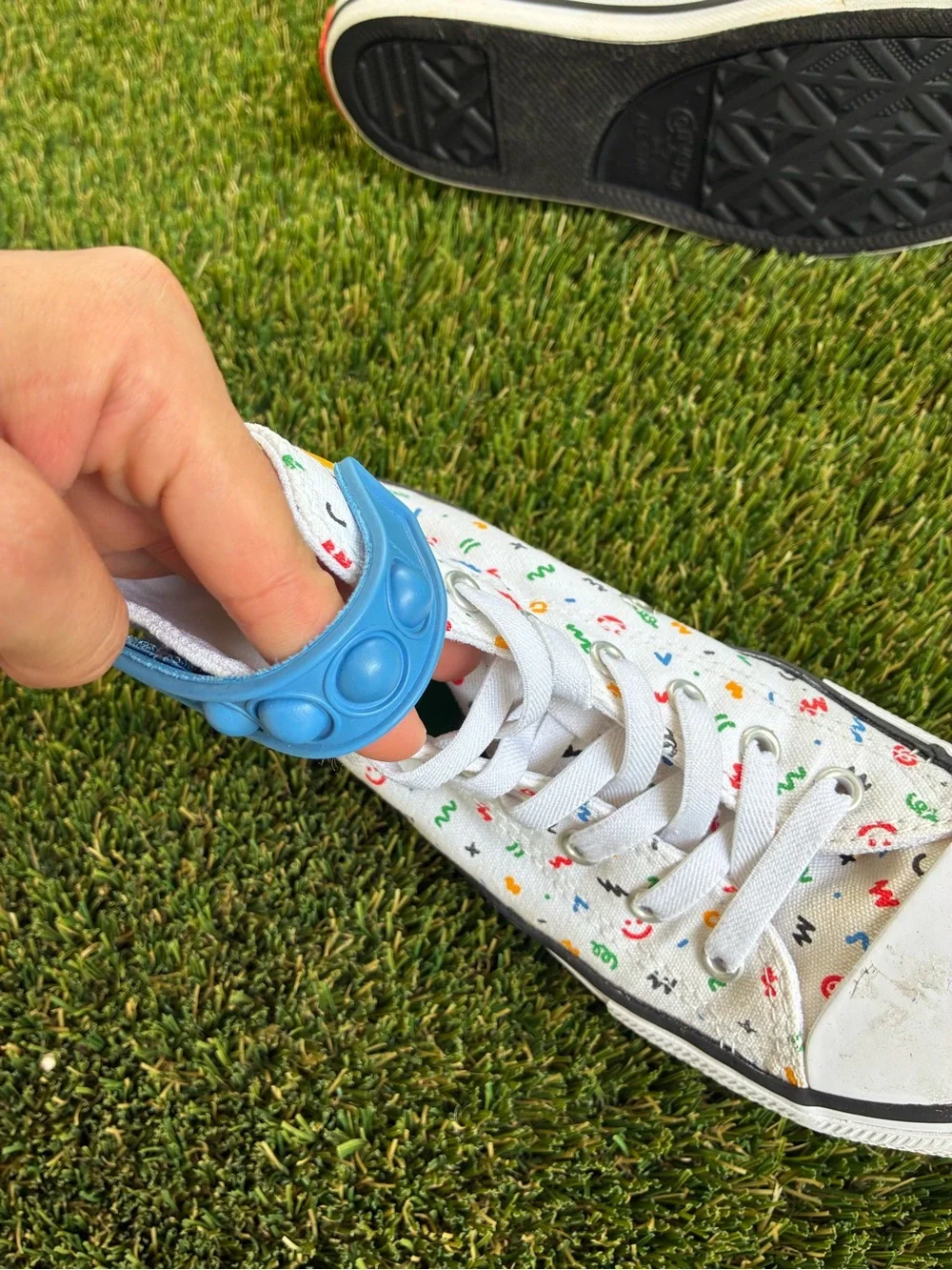 Converse Kids White High-Top Sneakers with Blue Strap and Multicolor Print